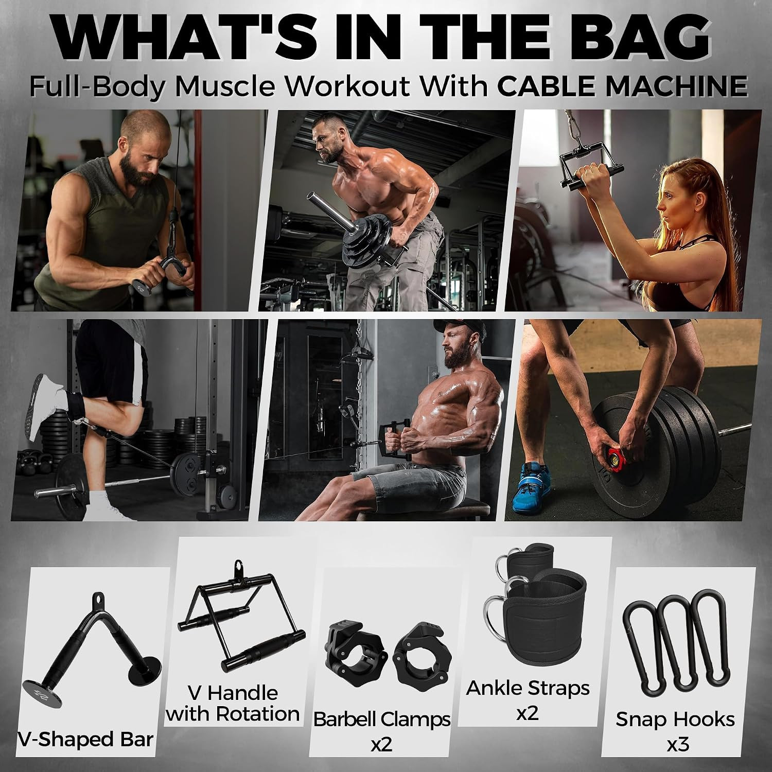 Cable Attachments for Gym, Heavy-Duty Cable Machine Attachment Set with LAT Pull