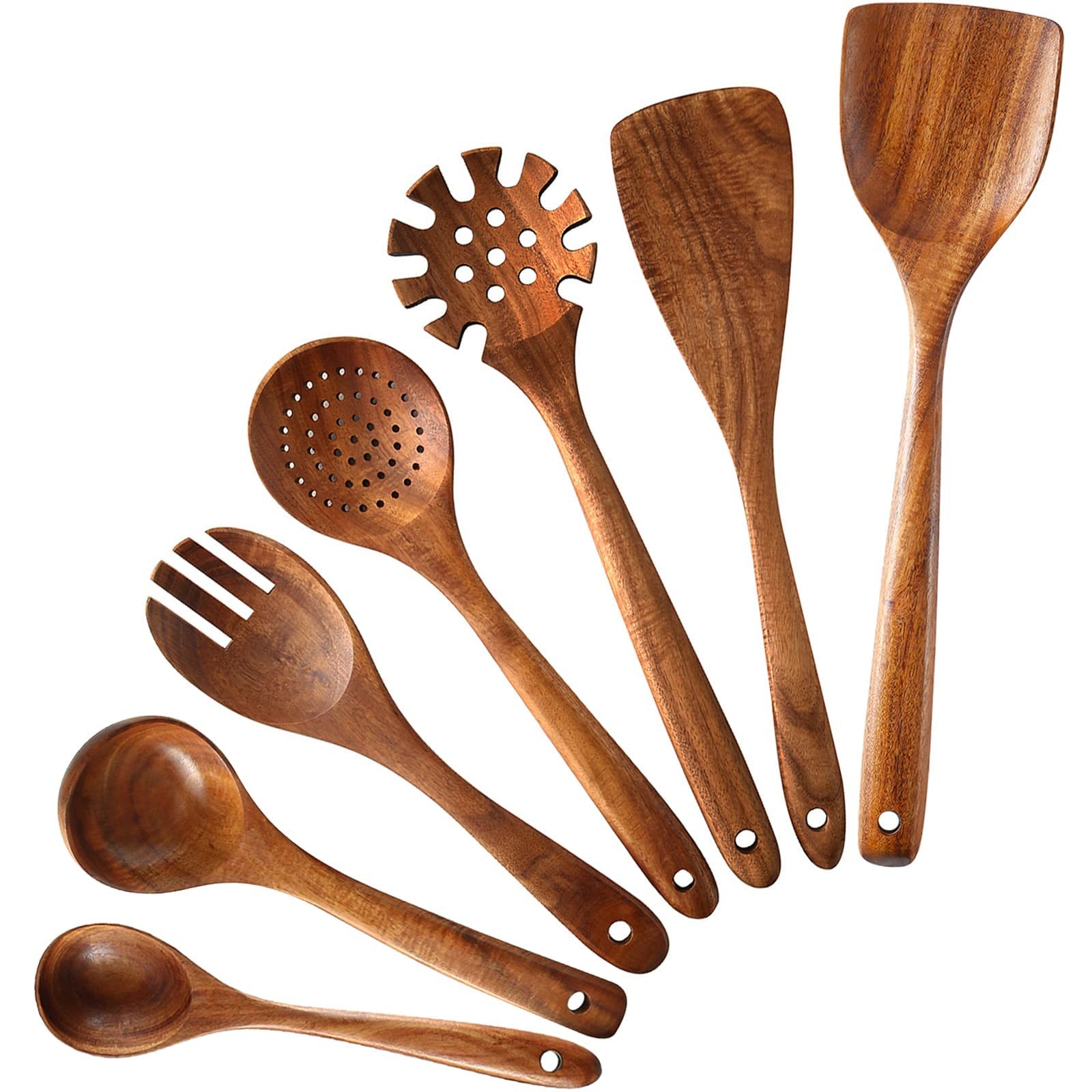 Wooden Spoons for Cooking, 7Pcs Natural Teak Wooden Kitchen Utensil Set, Wood...