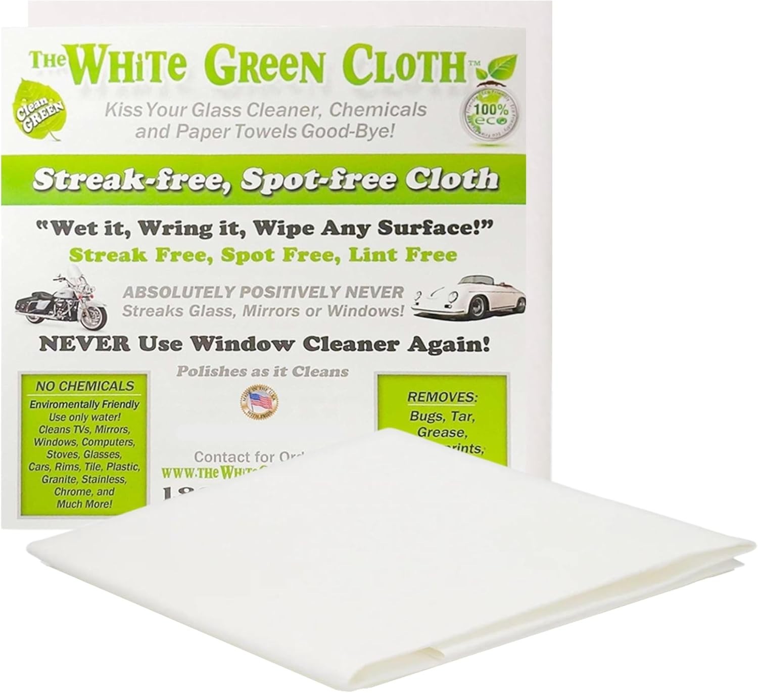 The White Green Cloth 1-Pack Reusable Cleaning Cloth for Streak-Free Windows,