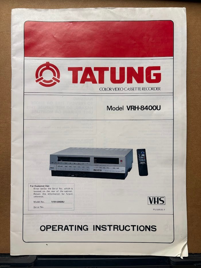 Tatung Owner Manual VRH-8400U VCR Operating Instructions Video Cassette Recorder