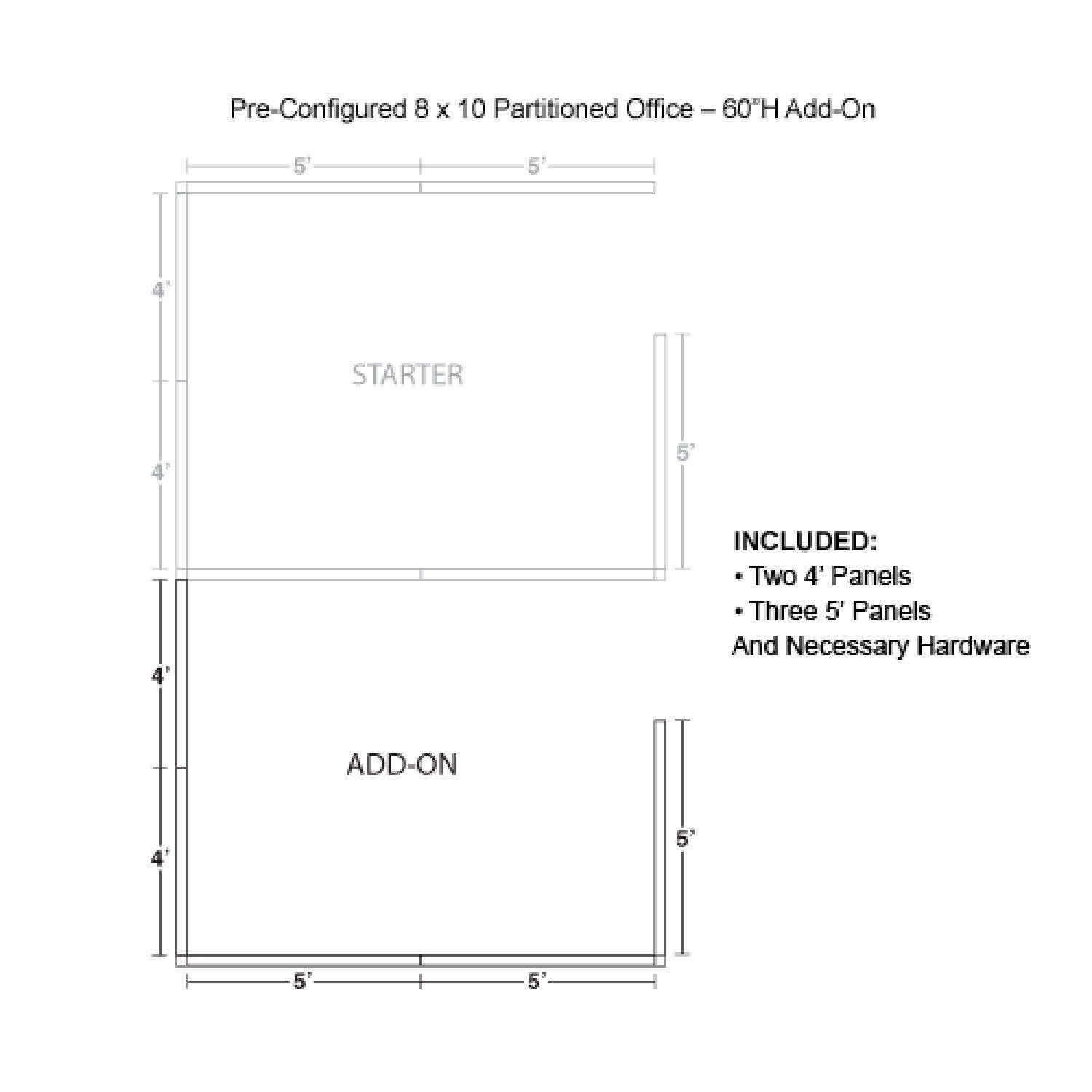 8'W x 10'D x 60"H Pre-Configured Partitioned Office Add-On Gray