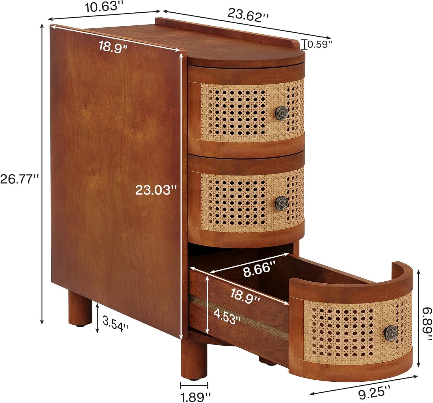 Solid Wood End Table with 3-Drawers, Fully Assembly Modern Rattan Side Table