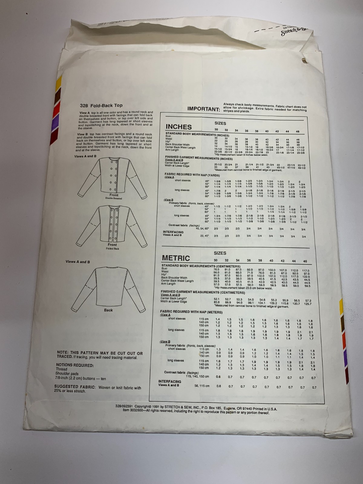 Sewing Pattern: Stretch & Sew 328 Fold-back top Long Sleeves Short Sleeves