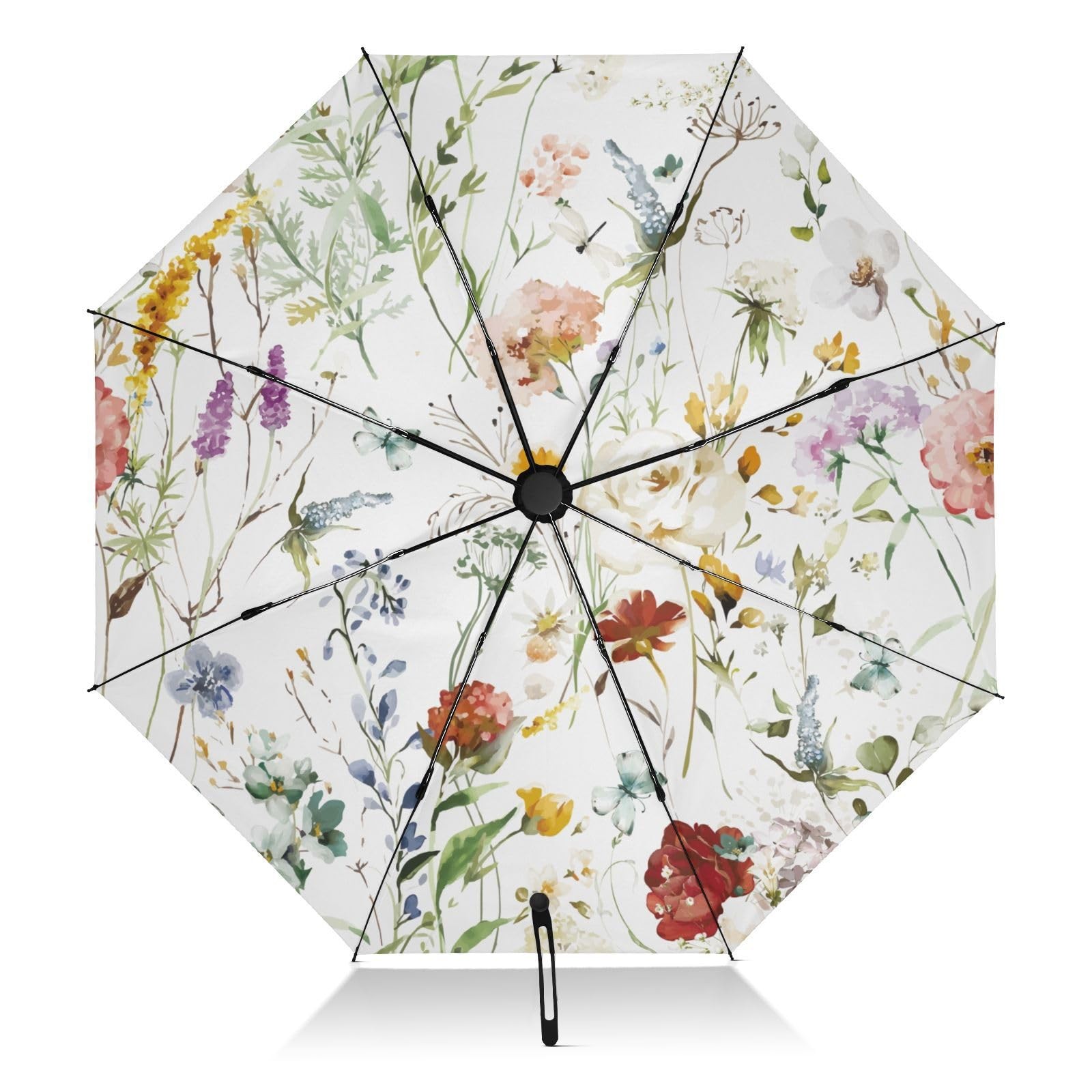 Travel Umbrella for Rain Boho Flower Butterfly Watercolor, Windproof Waterpro...
