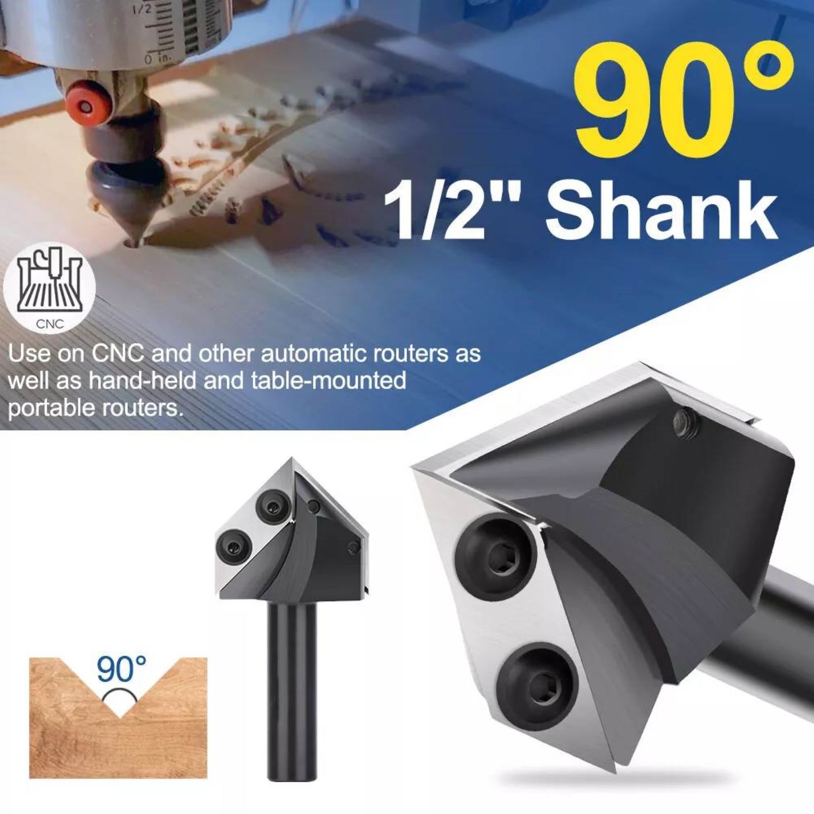 90 Degree V Groove Router Bit 1/2" Shank Carbide Insert For Woodworking Projects