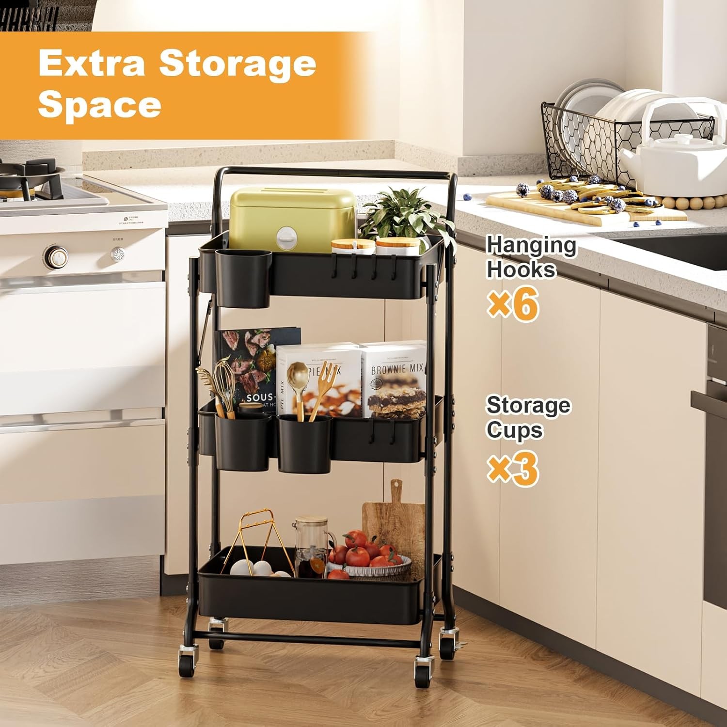 3 Tier Foldable Rolling Cart W/ Wheels Folding Utility Cart Organizer