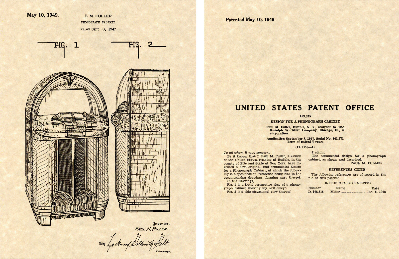 WURLITZER Model 1100 JUKEBOX US PATENT Art Print READY TO FRAME 1949 Juke Box