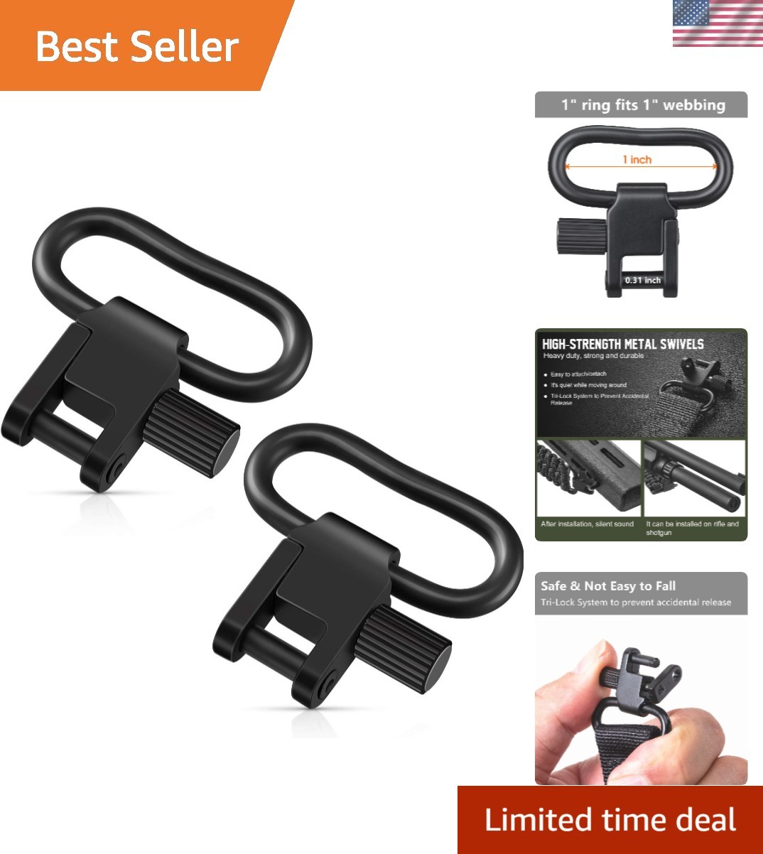Heavy-Duty 1-Inch Sling Swivel Mount Clips - Quick Detach Design for Stealth