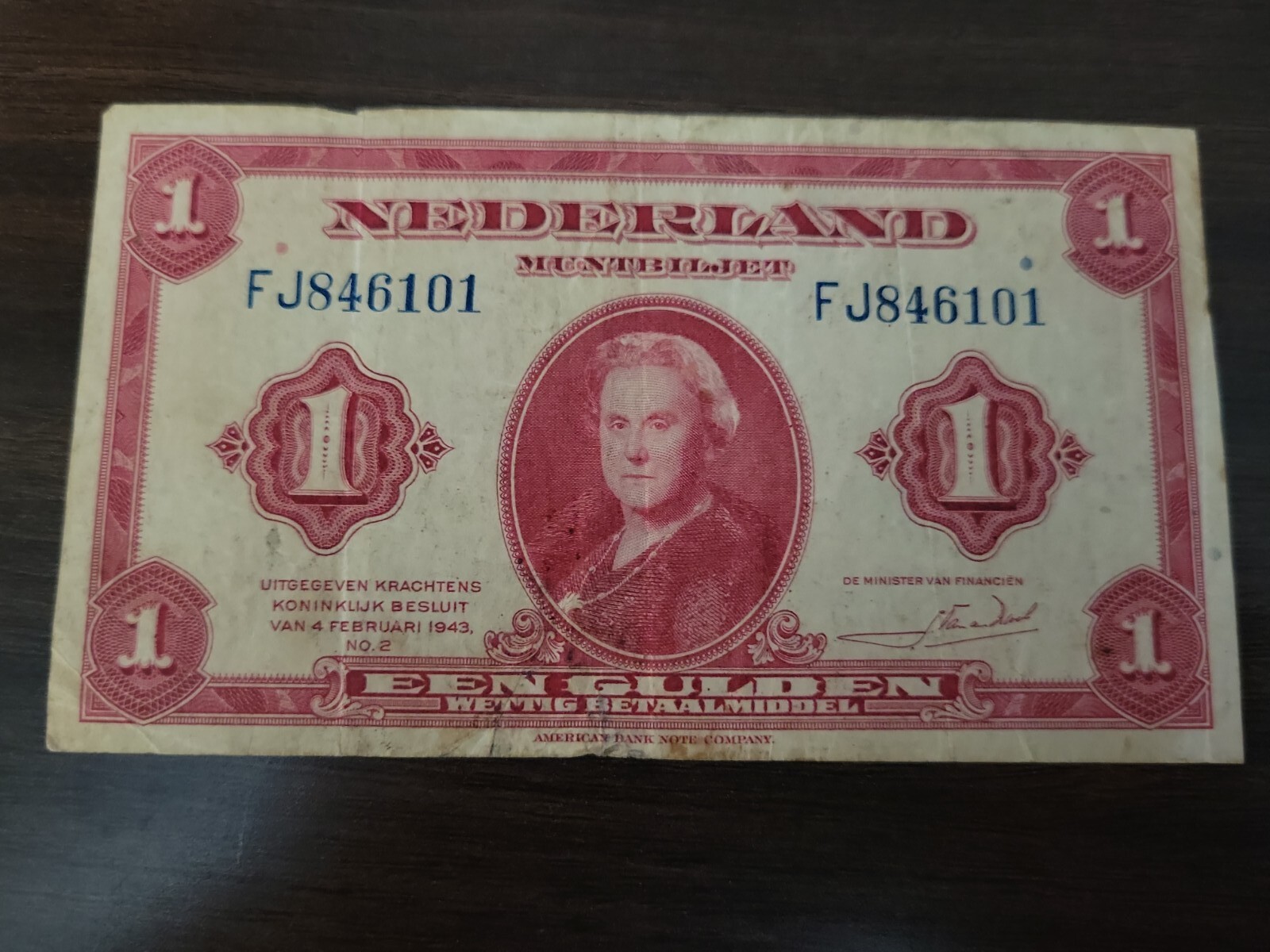 🇳🇱 Netherlands 1 Gulden 1943  P-64  "VF" Banknote 070622-23