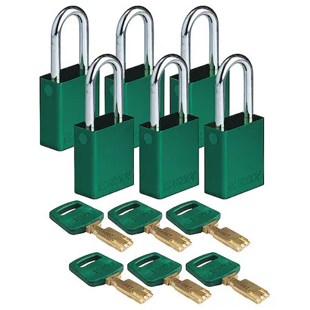 Brady Alu-Grn-38St-Ka6pk Lockout Padlock, Keyed Alike, Aluminum, Green, 1 1/2