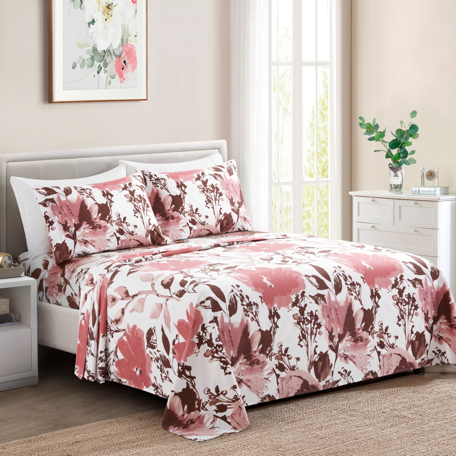 Printed Rayon from Bamboo Deep Pocket 4 Pieces Sheet Set, Pink Red Floral Twin