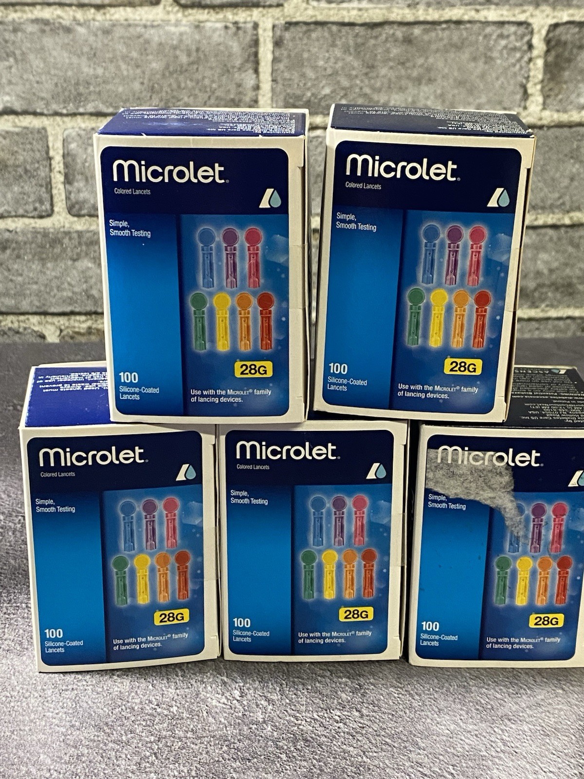 Microlet Colored Lancets - 100 Silicone Coated Lancets X 5 Boxes - Exp. 2029