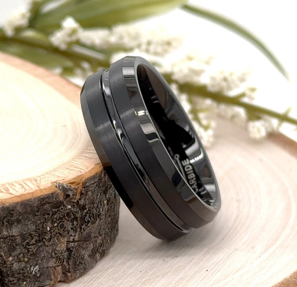 Brushed Grooved Center Design Band 8MM Black Polished Tungsten Christmas Ring