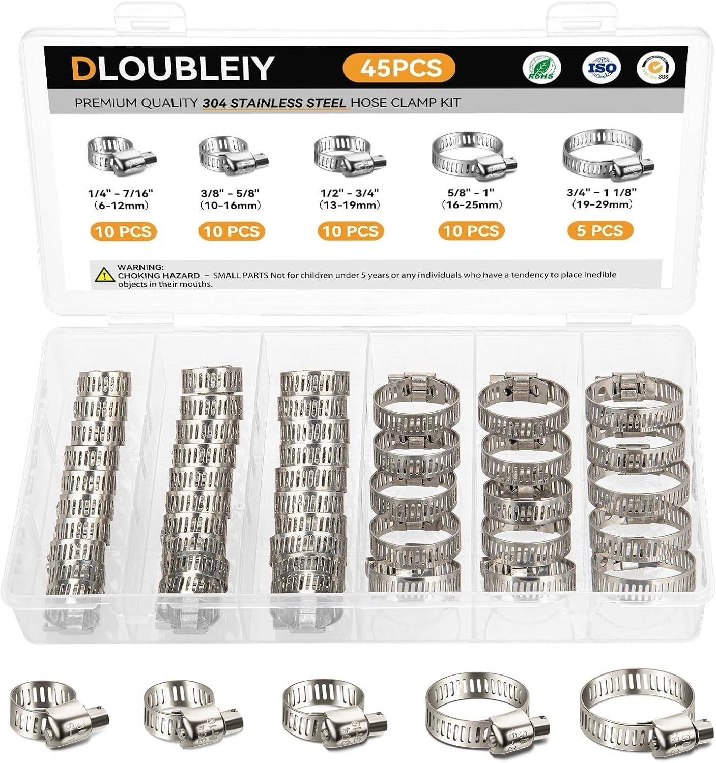 10/45PCSAdjustable Hoses Clamp Worm Gear Clip Stainles Steel Clamp AssortmentKit
