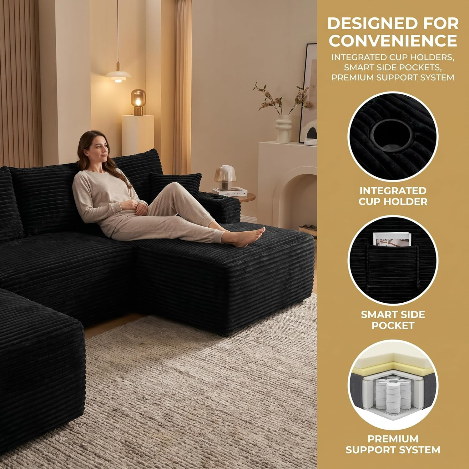 134" U-Shaped Modular Sofa with Cup Holders & Pockets - No Assembly, Black