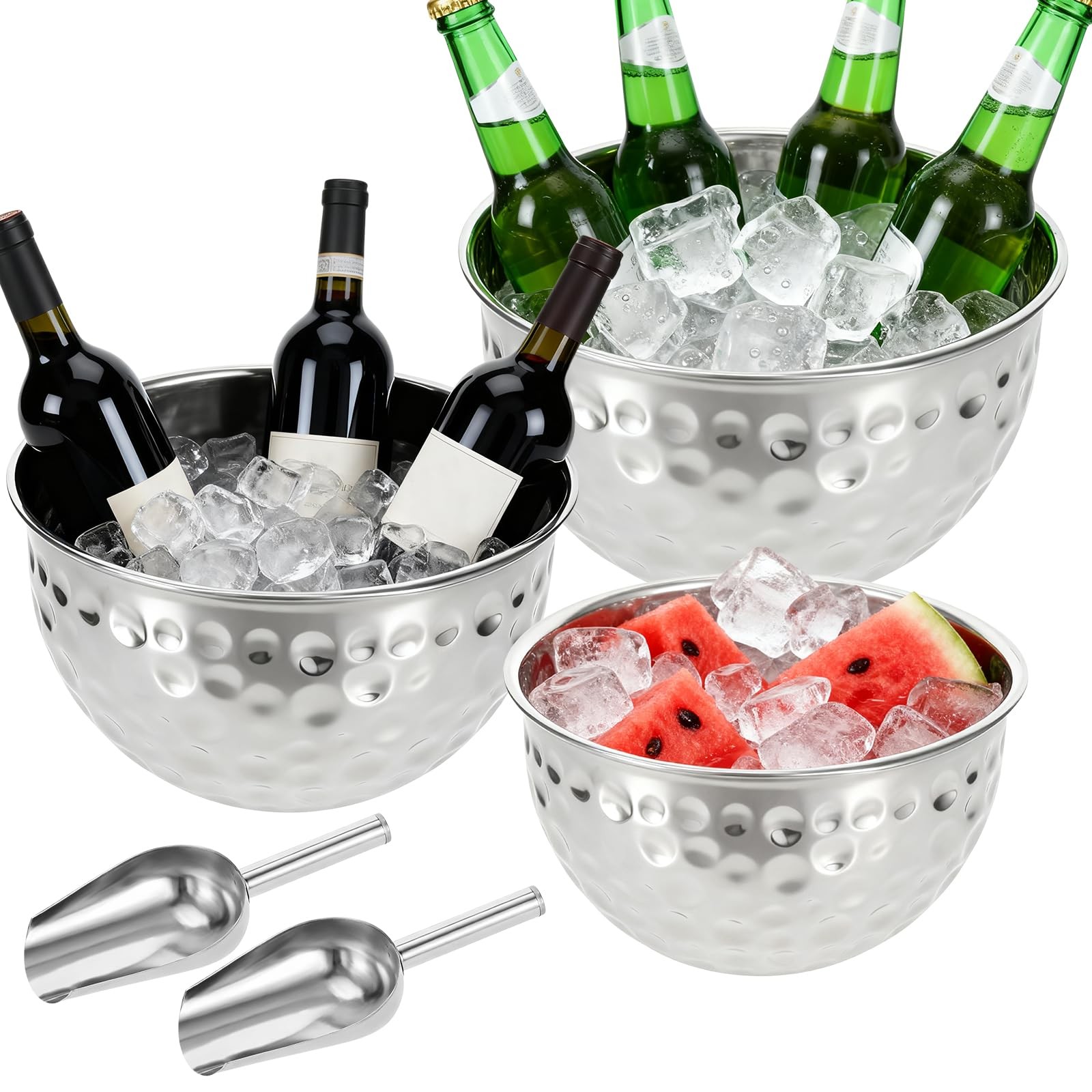 3 Pack Ice Bucket 4.6/6/7.5L Stainless Steel Beverage Tub with 2 Scoop Leak-P...
