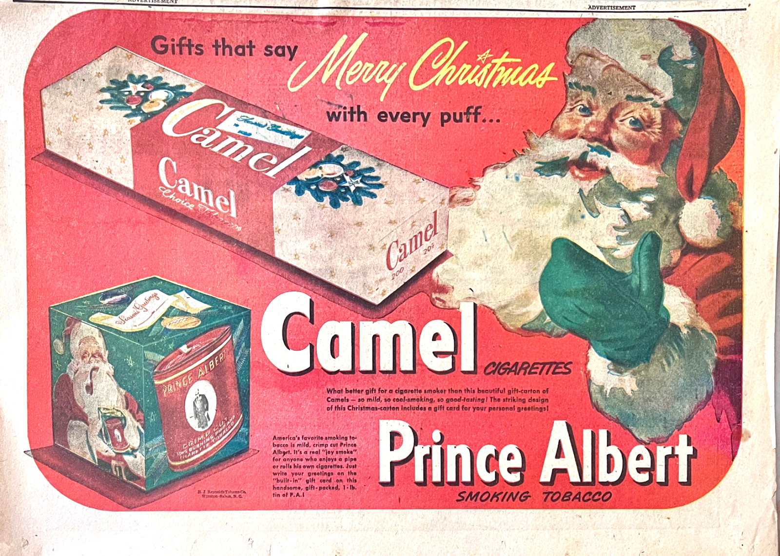 Vintage Sunday comic page ad for Camel Cigarettes - Santa recommends tobacco