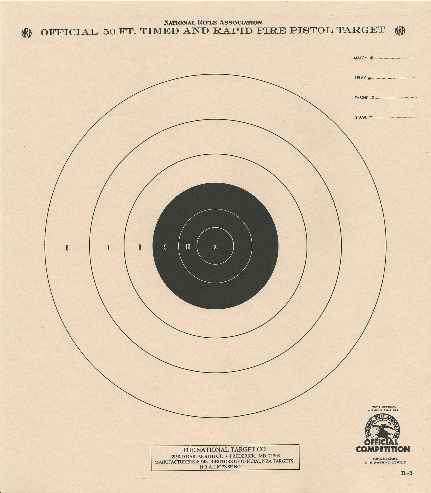 B-3 [B3] NRA Official 50 Foot Timed & Rapid Fire Pistol Target (25) Tagboard