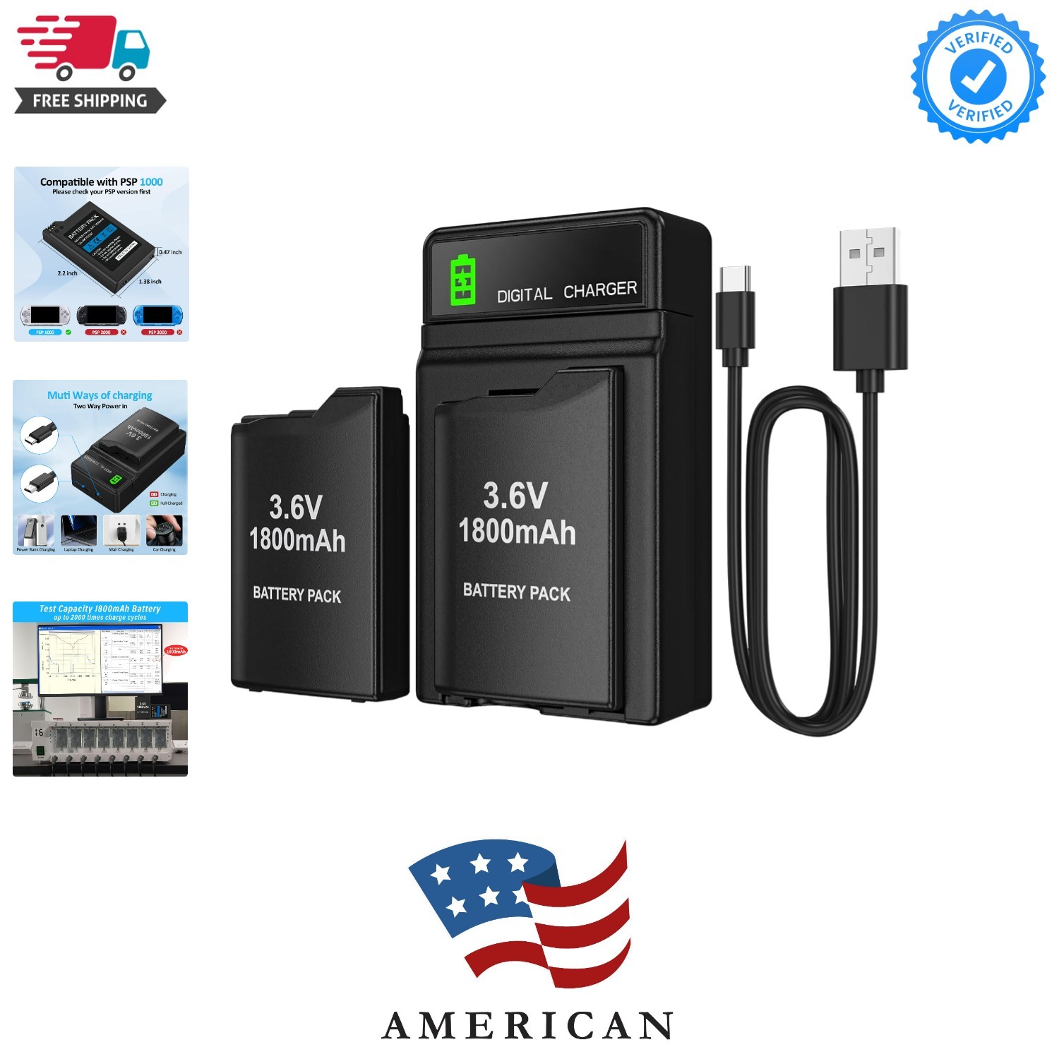 PSP Battery and Charger, 2Pcs 1800mAh 3.6v Lithium Polymer Replacement Rechar...