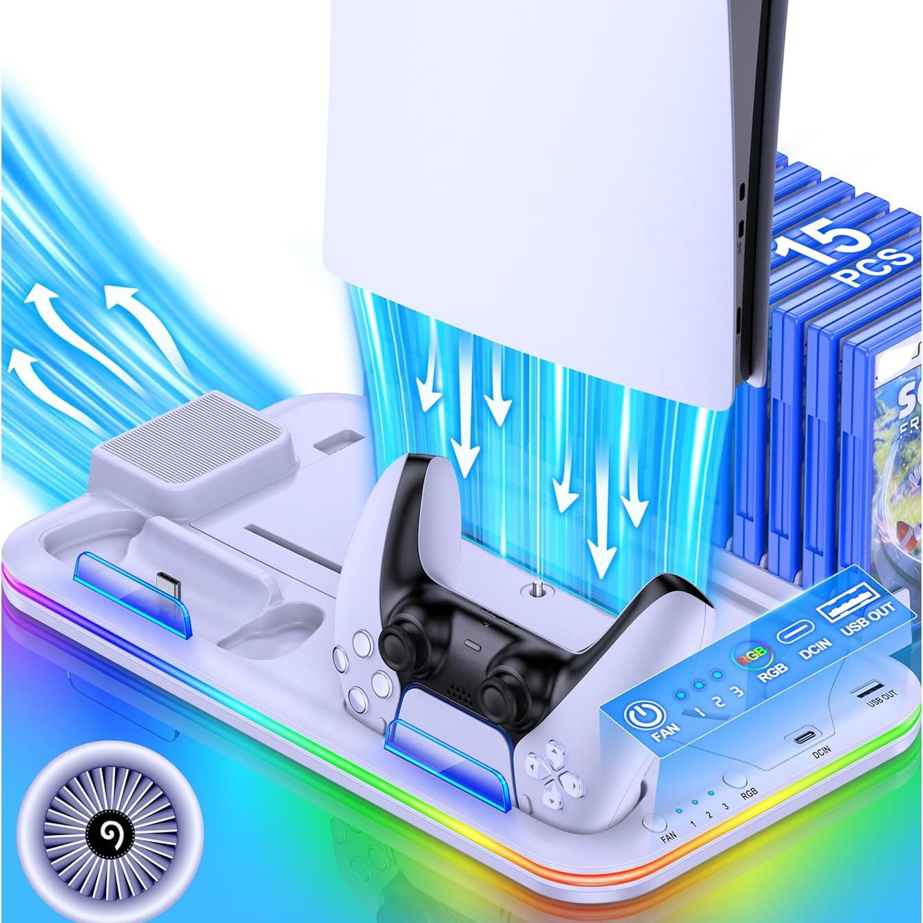 Cooling Station for PS5/Pro/Slim with Controller Charger, RGB Fan