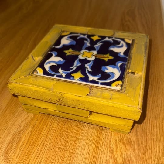 Hand Carved Rustic Gardena Tile Top Wood Jewelry Trinket