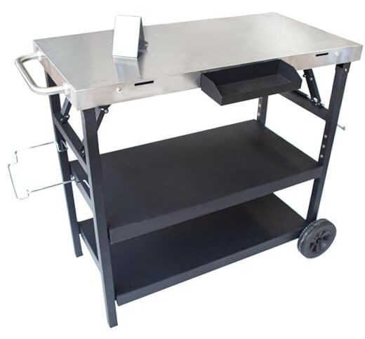 Foldable Grill Cart 3-Tier Utility Carts Movable Food Prep Pizza Oven Table