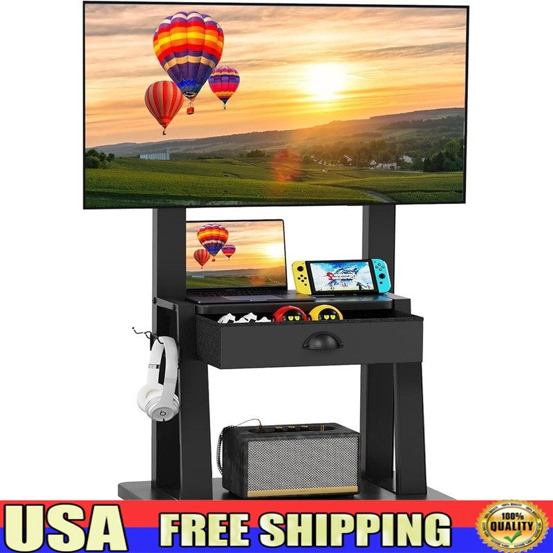 Adjustable Outdoor TV Cart W/ Locking Wheels Drawer & 2 Shelves Home Use