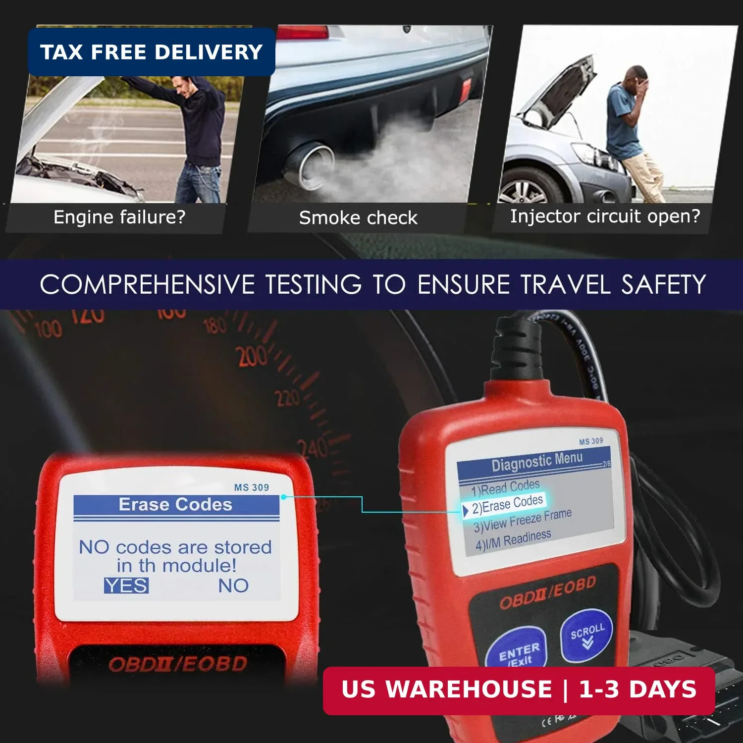 MS309 OBD2 Scanner Check Car Engine Light Fault Code Reader, Universal OBDII Dia