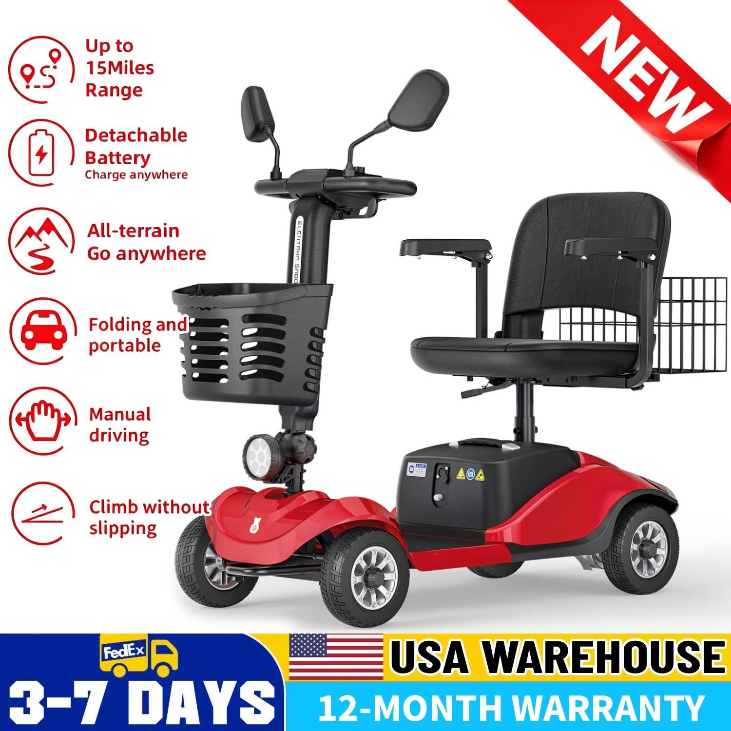 Folding Electric Scooter 4 Wheels Mobility Scooters Power Wheelchair For Seniors