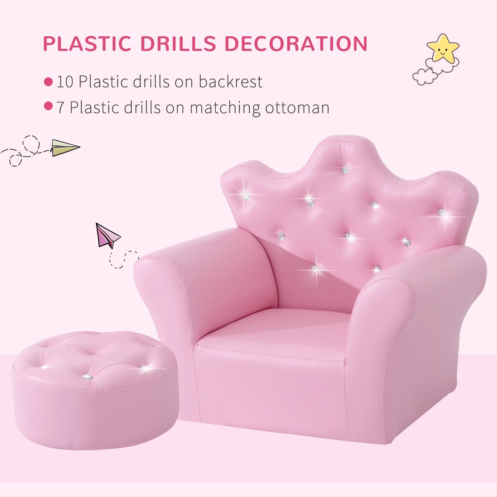 Kids Sofa Set, Children's Upholstered Sofa with Footstool, Princess Sofa