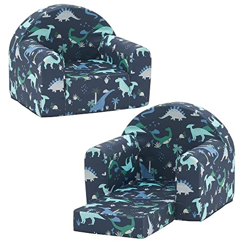 Kids Sofa Couch, 2-in-1 Flip Out Toddler Couch, Baby Lounge Navy Dinosaur