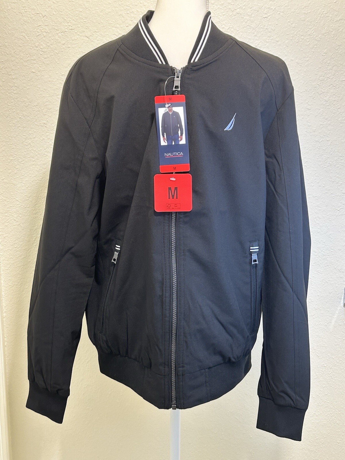 Nautica Men’s Bomber Jacket, Lightweight, Black, Size Med, Stretch Water Resist