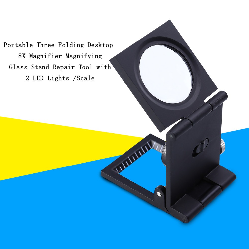 Portable Three Folding Desktop 8X Magnifier Glass Stand with Led Lights Scale