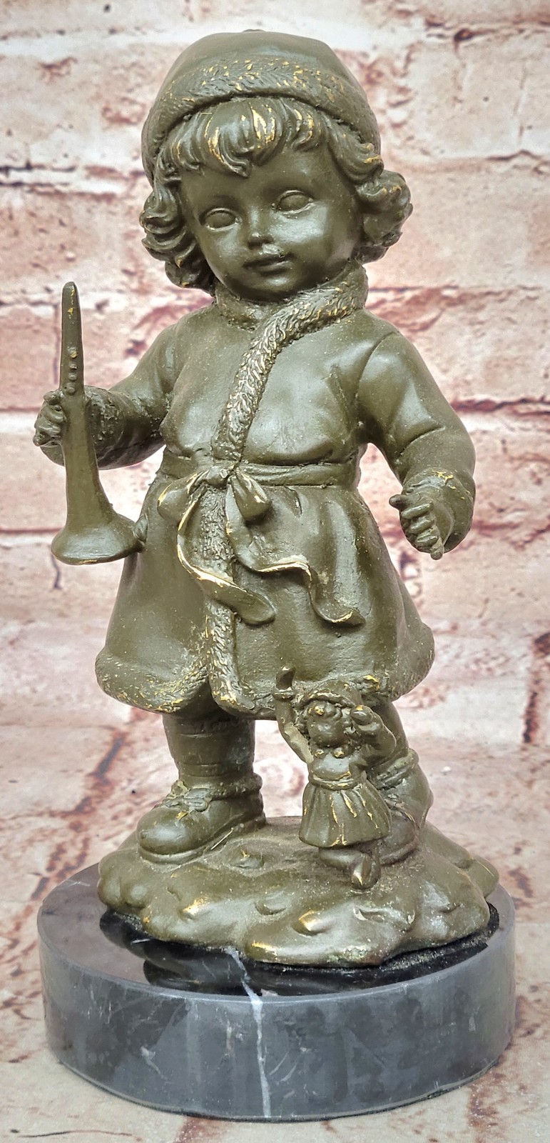 Handmade Bronze Sculpture Statue Girl Plays Horn Nursery Music Decor Piece Sale