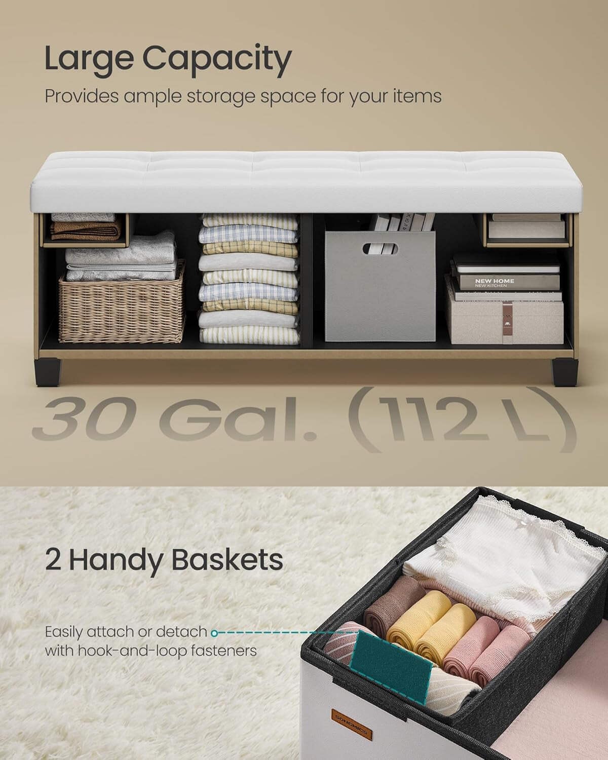 Cloud White Leatherette Storage Ottoman Bench 15x43