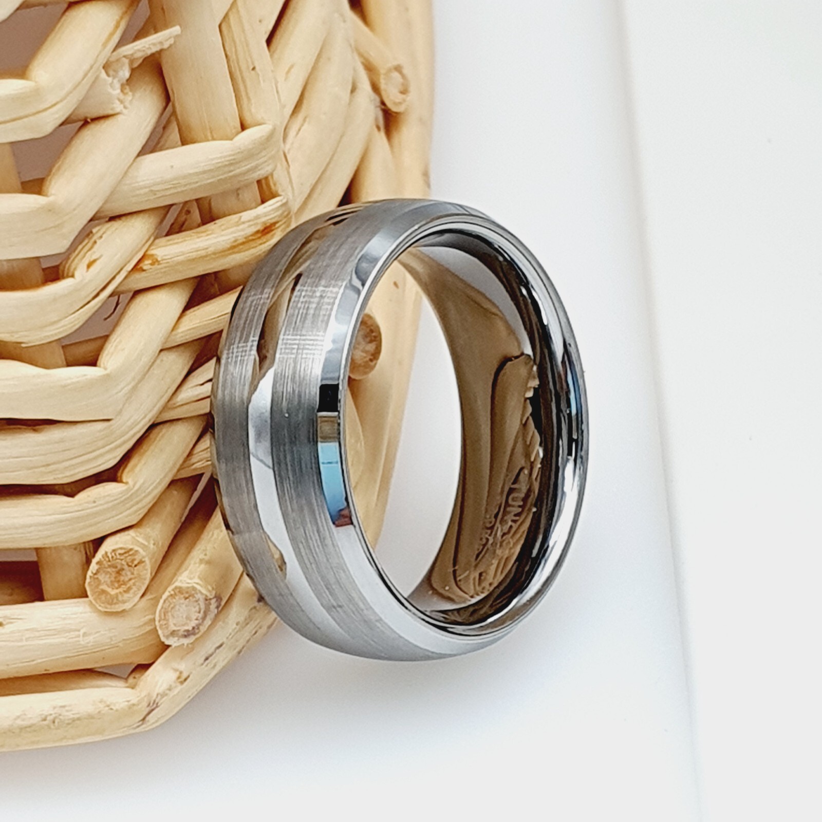 Double-Strip Silver Tungsten Wedding Ring Personalized 8mm Unique Style Band