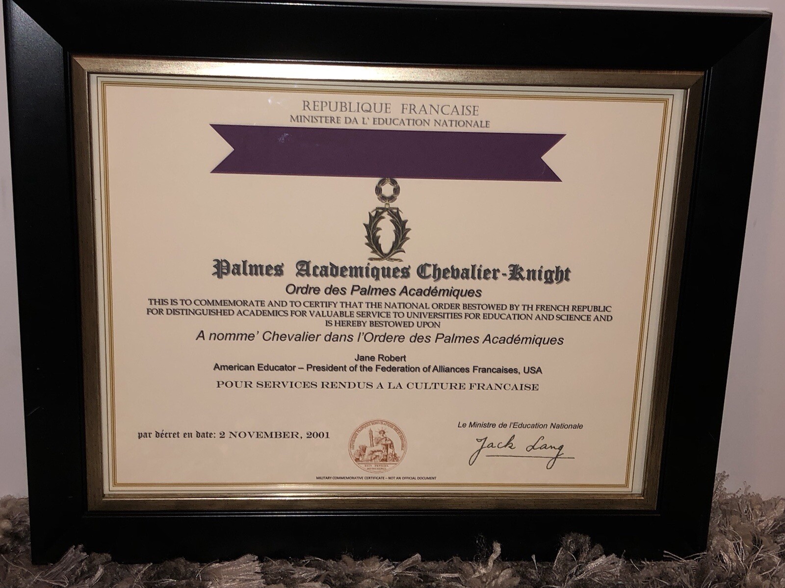 FRENCH ORDER OF ACADEMIC PALMS / KNIGHT (COMMEMORATIVE CERTIFICATE)