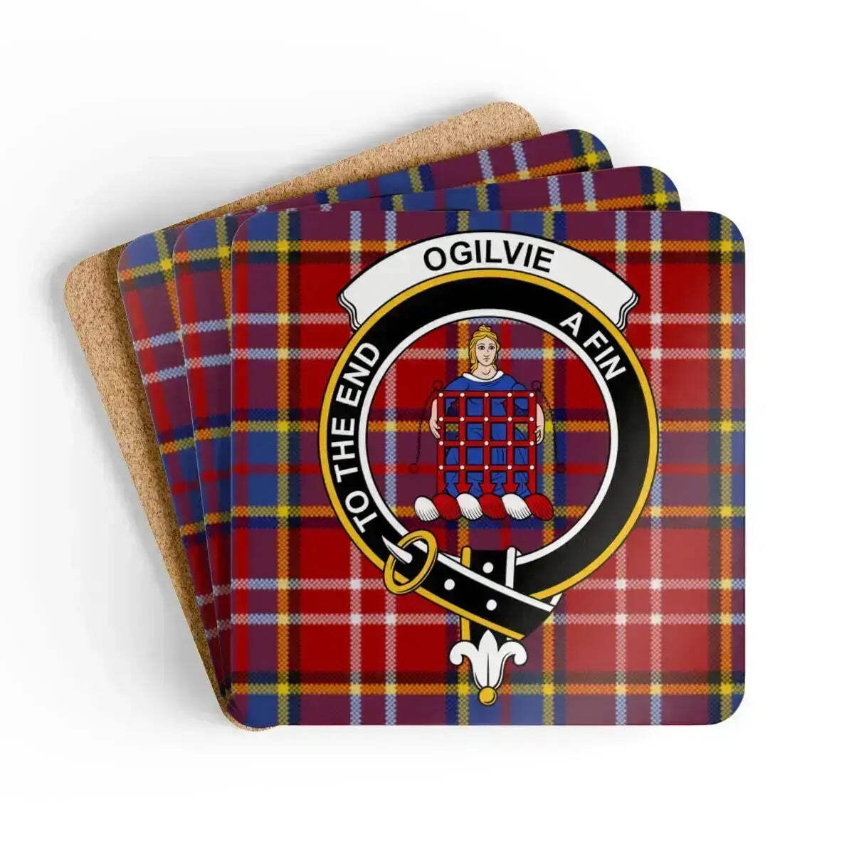 Ogilvie Clan Crest Scottish Tartan Coaster Set