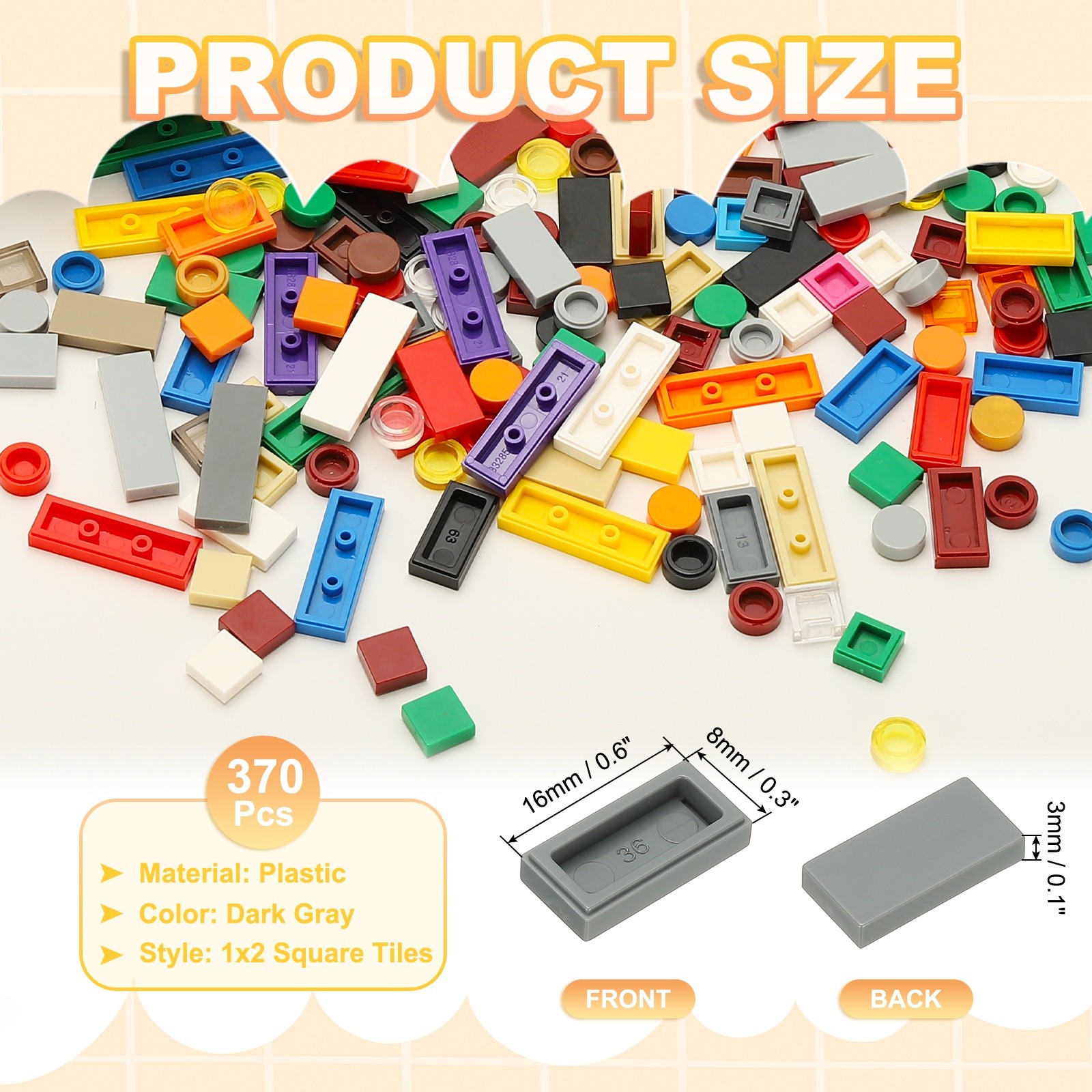 370Pcs, 1x2 Square Dark Gray Flat Blocks Bulk for Building Floor