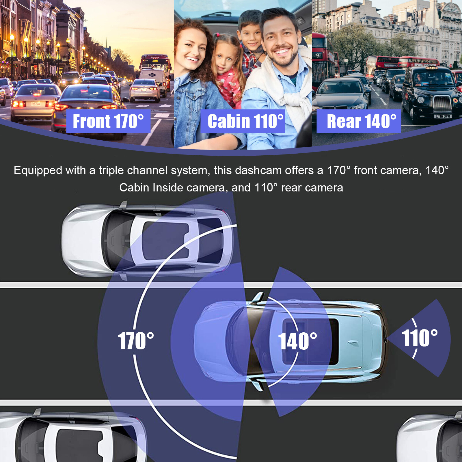 HD 1080P 3Lens Car DVR Dash Cam Camera Video Recorder G-Sensor 170° Night Vision