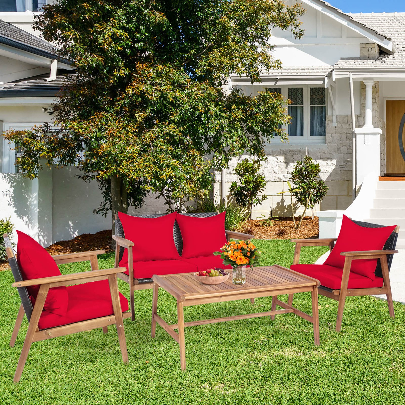 4PCS Patio Conversation Set Wood Frame Furniture Set w/ Red Cushions