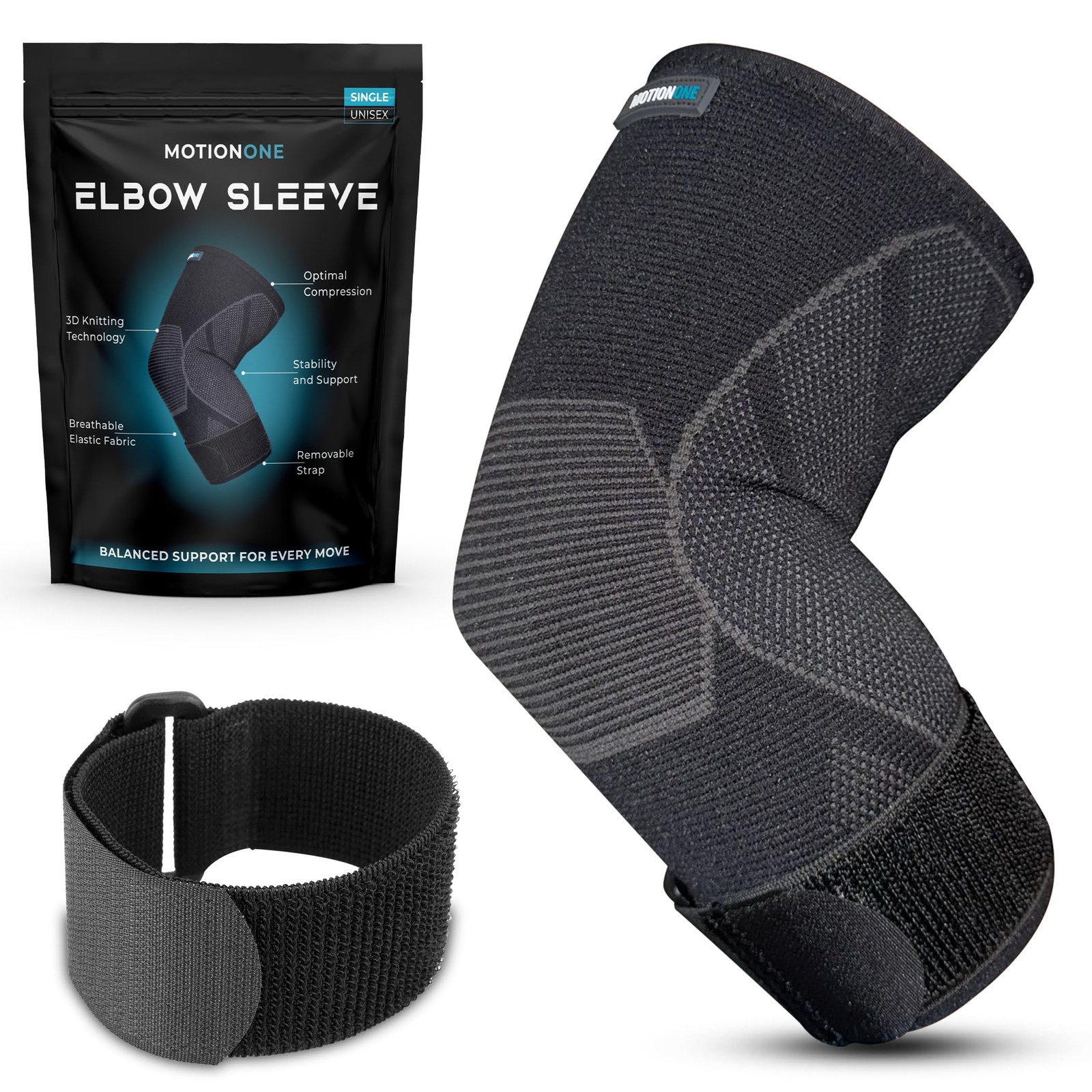 MOTIONONE Elite Elbow Sleeve - Brace with Removable Medium, Black/Gray