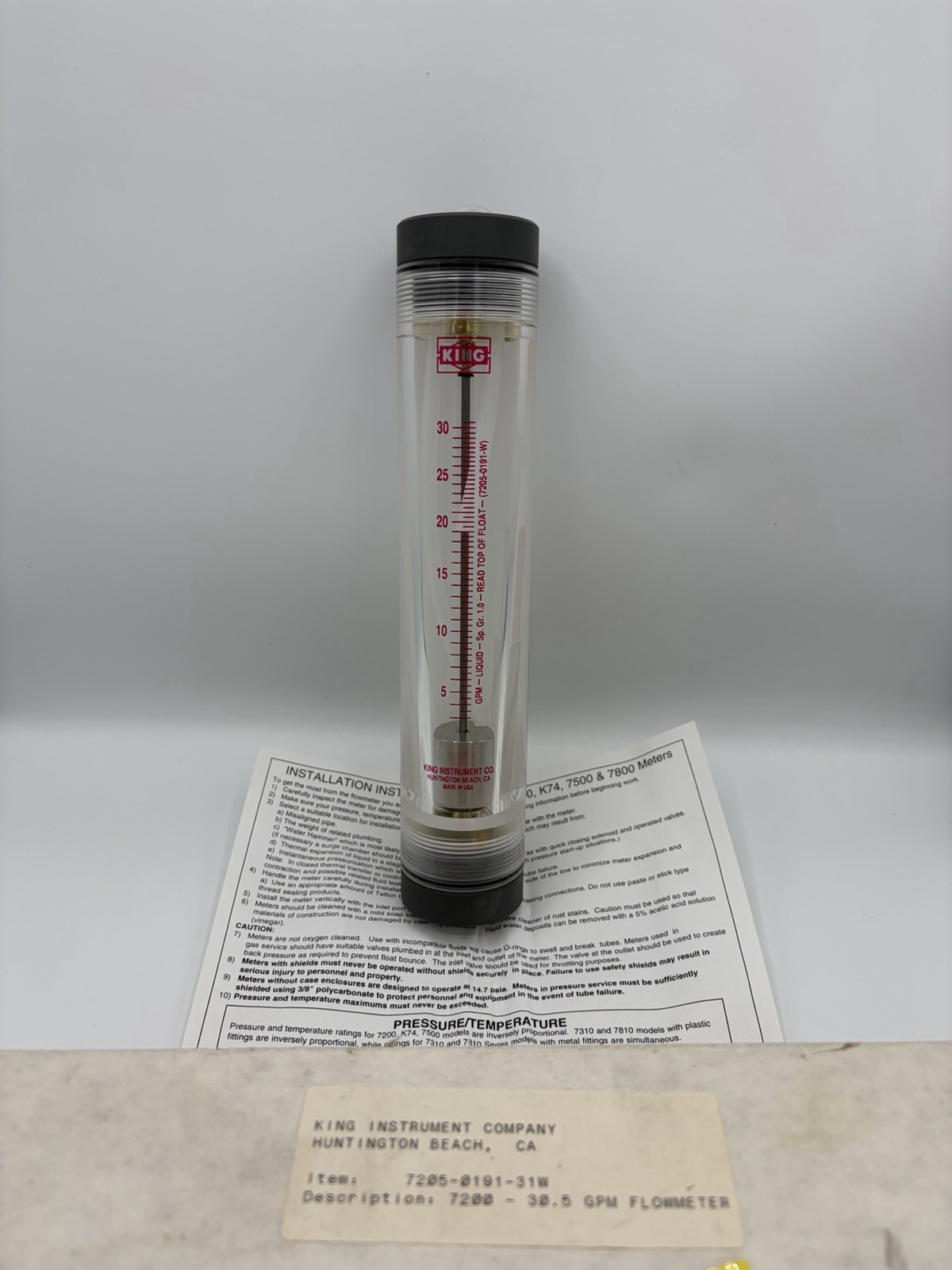 Brand New King Instrument Flow Meter Item 7205019131W 30.5 GPM Model 7200 In Box