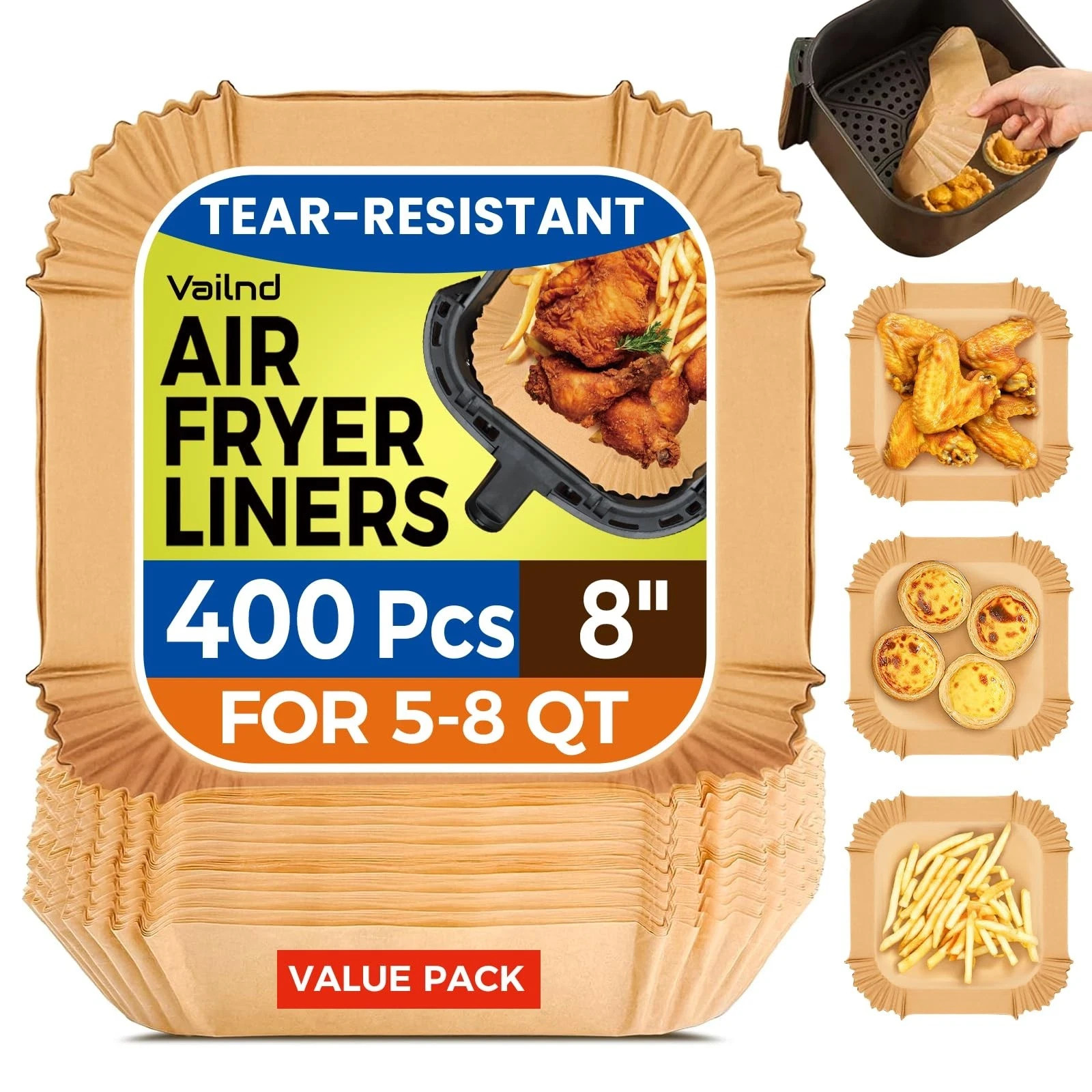 Vailnd 400 Pcs Air Fryer Liners Disposable 8 Square Heavy-Duty Parchment Paper