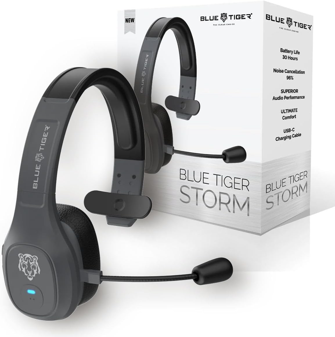 Blue Tiger Storm Gray - Premium Trucker Bluetooth Headset - Wireless