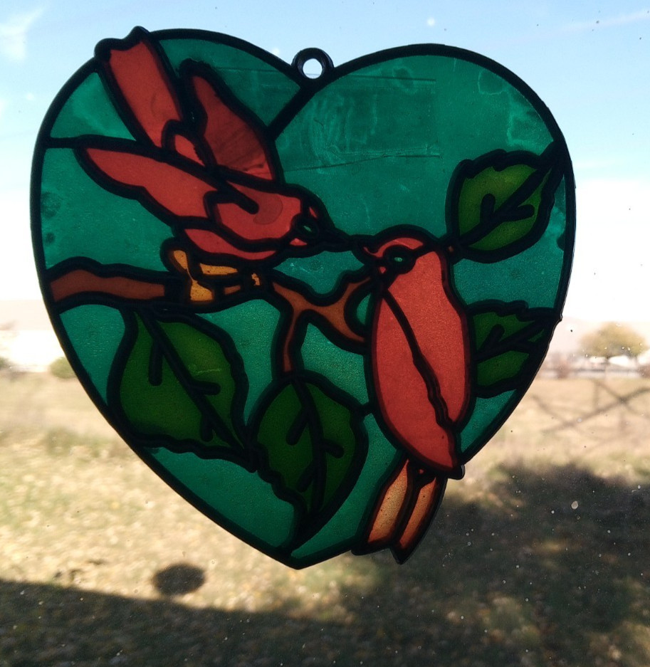 Red And Green Plastic Heart Shaped Bird Window Hang