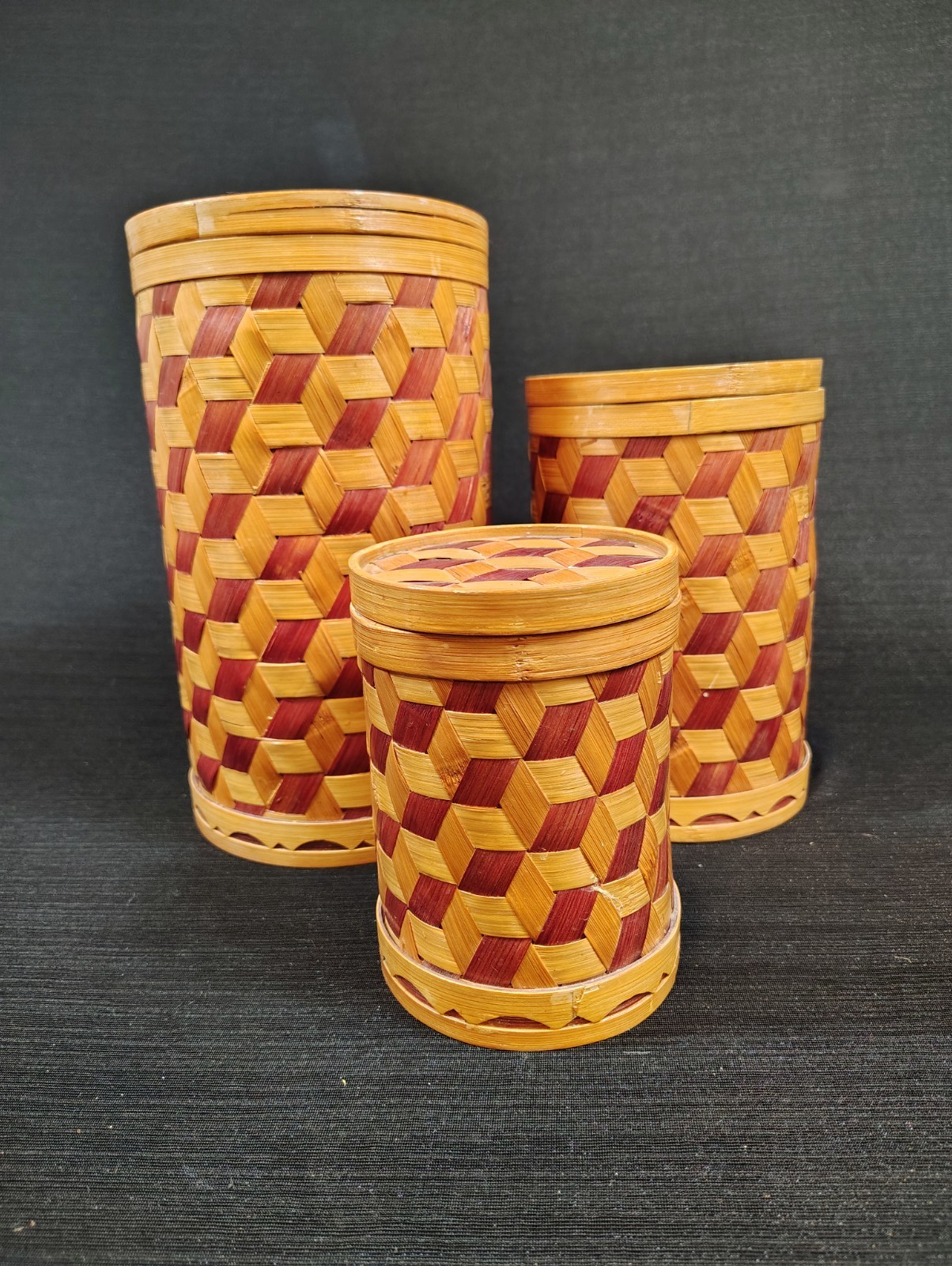 VTG, Woven Bamboo, Nesting Containers W/ Lids, Geometric, Baskets, Storage, Art