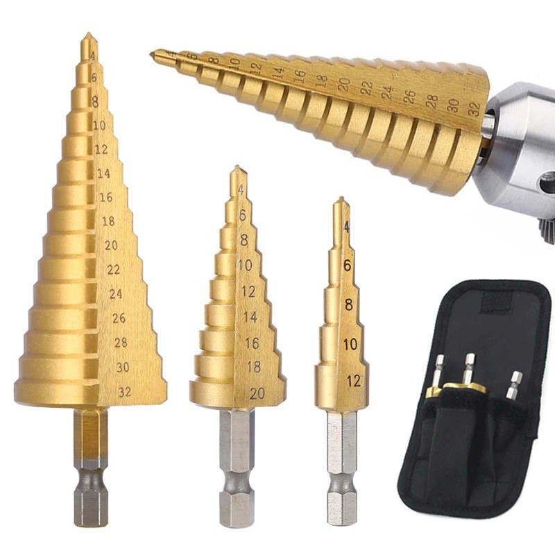 Step Drill Bit Set - Titanium Coated,High Speed Steel Drill Cone Bits,3-Piece