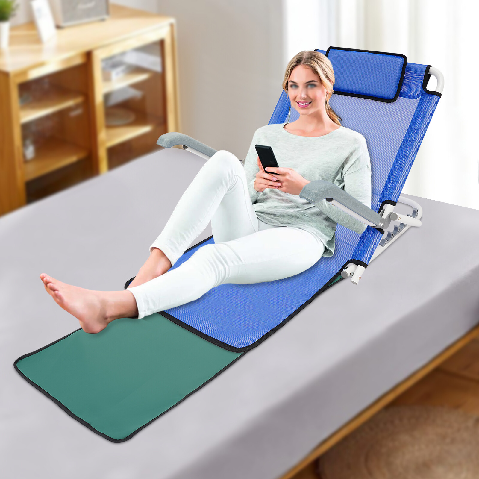 Adjustable Sit-Up Bed Backrest Chair Foldable With Armrests Blue - Patient Care