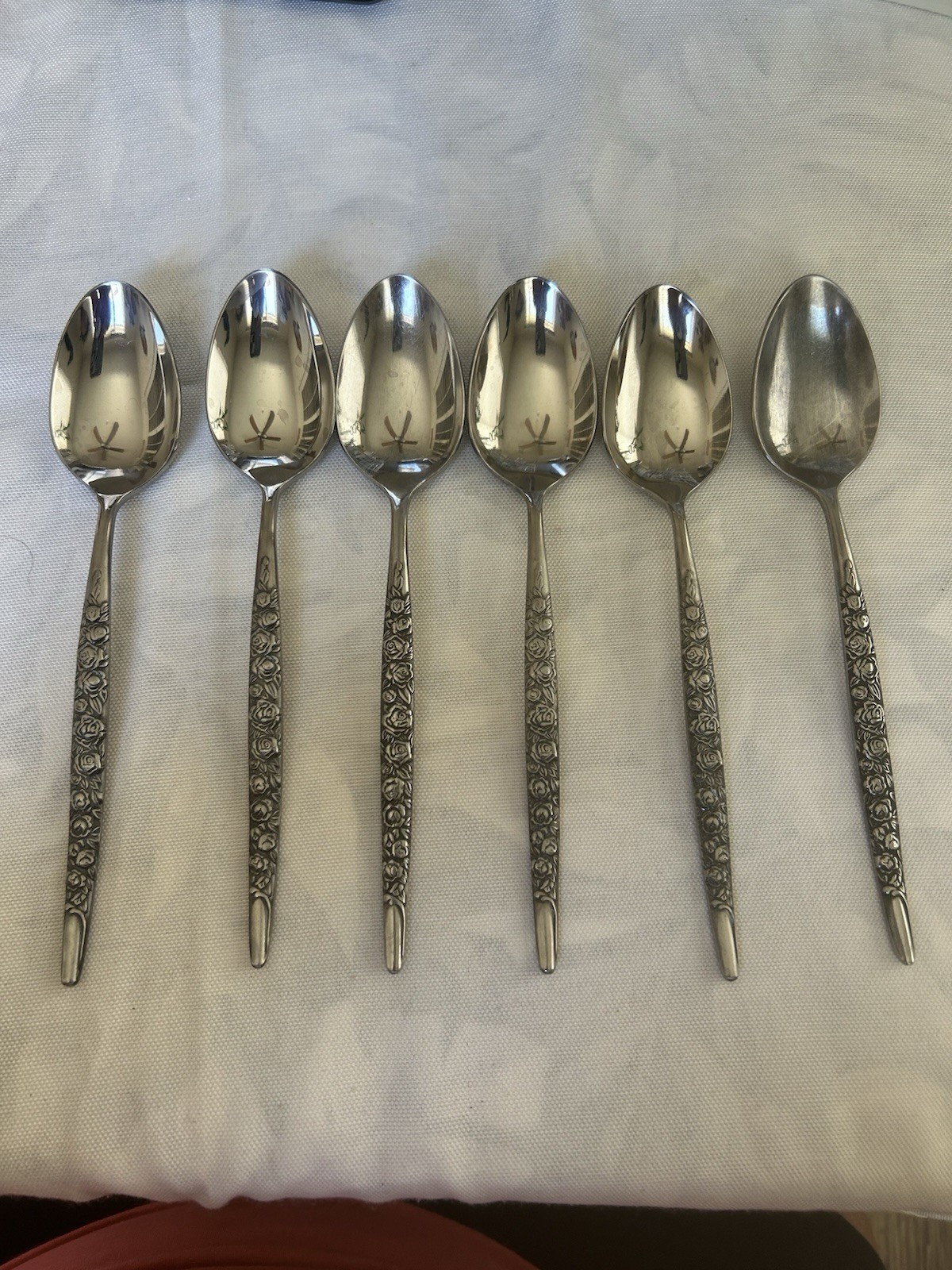 Vintage National Stainless Japan Rio Vista Set Of 6 Table Spoons Rose Pattern.